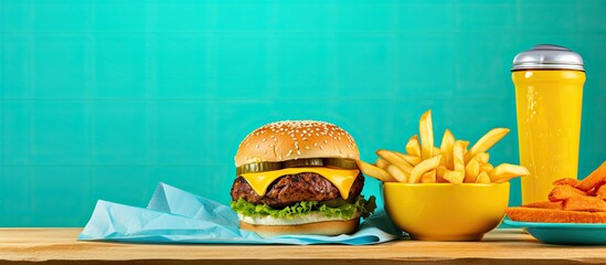 Vintage style food pop art photo featuring a tasty burger fries and bright blue table setting on a yellow background ideal for fast food advertising with copy space image