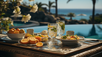 Naklejka premium Enjoy a luxurious floating breakfast in a tropical resort's swimming pool. Delight in a healthy breakfast and fruit plate with a stunning ocean view, embodying tropical beach luxury lifestyle.