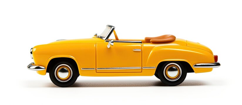 Yellow retro toy car cabriolet model on white backdrop shown in a side view with copy space image