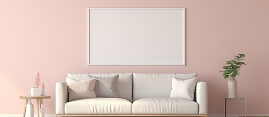 Living room interior composition featuring a mock up poster frame a beige sofa personal accessories and a pink wall suitable for a copy space image