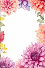 Fototapeta premium ahlia themed frame or border for photos . in bold and vibrant colors. watercolor illustration, white color background. Good for wedding print products, paper, invitations, greetings, fabric, posters.