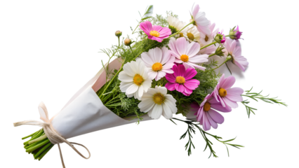 a beautiful bouquet of cosmos flowers wrapped in white paper and tied with a twine bow