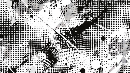 abstract seamless pattern, halftone and splatter design, grunge texture, monochrome color palette, vintage style vector illustration