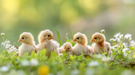 Group of Babies Chickens on Nature Background