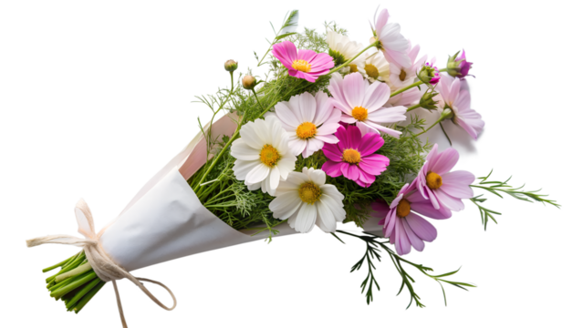 a beautiful bouquet of cosmos flowers wrapped in white paper and tied with a twine bow