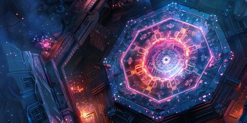 A hexagon, mystical design inspired by the I Ching, with ancient Chinese symbols and hexagrams. surrounded by an intricate pattern of trigrams. The background is a gradient of deep blue and purple 2:1