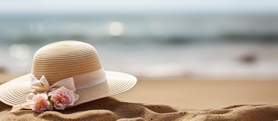 Elegant hat with cream on a scenic beach background providing copy space image