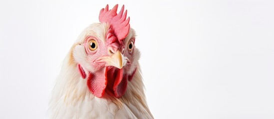 Close up of a chicken s head against a white background with copy space image