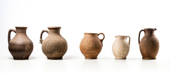 Ancient ceramic clay jugs displayed on a white background ideal for featuring in a museum exhibit showcasing pottery used for water with copy space image
