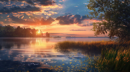 A beautiful sunset over a lake with a tree in the background