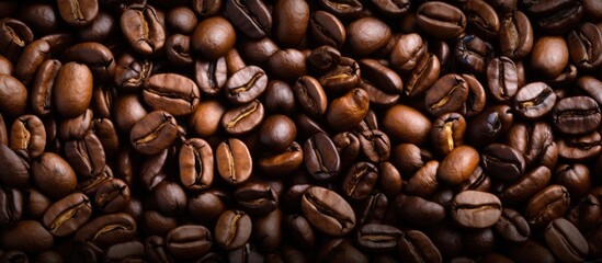 Fototapeta premium Roasted coffee beans texture is shown in the image with copy space