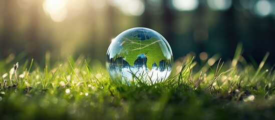 A glass globe representing environmental conservation placed in a grassy setting with copy space image available