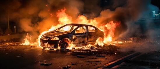 Car accident caused fire due to lithium battery burning posing insurance risk with space in image for reference. Copy space image. Place for adding text and design