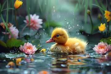 Baby Duckling: A yellow duckling, swimming in a pond with lily pads and blooming flowers around it. 