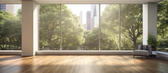 A living room with wooden floors and big windows revealing street lined trees providing a copy space image