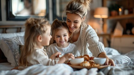 Fototapeta premium A family celebrating Mother's Day with breakfast in bed The mother is surprised and delighted as her young children present her with a tray of delicious food The bedroom is cozy and welcoming