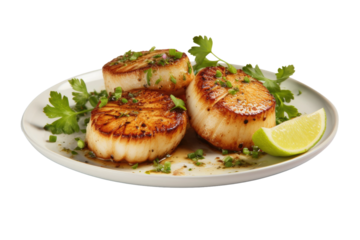 Elegant Trio of Seared Scallops With Zesty Lime Wedge on a Clear PNG or White Background.
