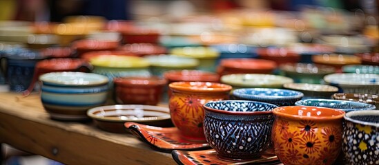 Various colorful handmade pottery items like bowls mugs and cups displayed on a table with many shapes and colors for an arts and crafts fair with a blank space for text or images. Copy space image
