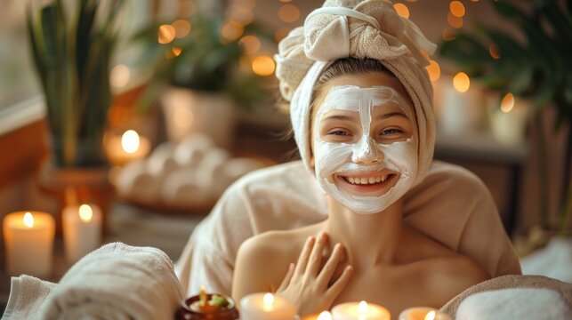 A mother and her teenage daughter enjoying a spa day at home on Mother's Day They are wearing face masks and bathrobes surrounded by candles and flowers