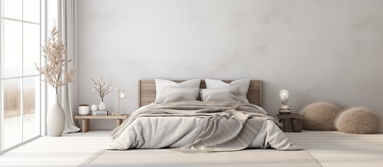 Cozy white and gray bedroom with copy space image