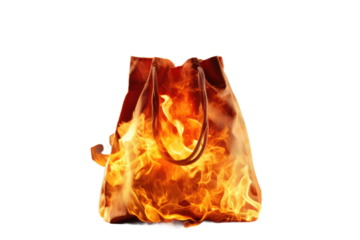Fiery Eruption: A Bag Engulfed in Flames on a Clear PNG or White Background.