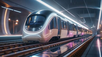 Fototapeta premium Futuristic subway train with a sleek, streamlined design in a modern, well-lit underground station, featuring advanced technology and efficient urban transit