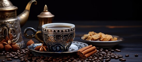 Fototapeta premium Turkish coffee cup on black backdrop with coffee beans traditional spices and a sand coffee pot creating a composition with copy space image