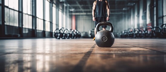A fit athlete lifting a kettlebell in a fitness center with copy space image
