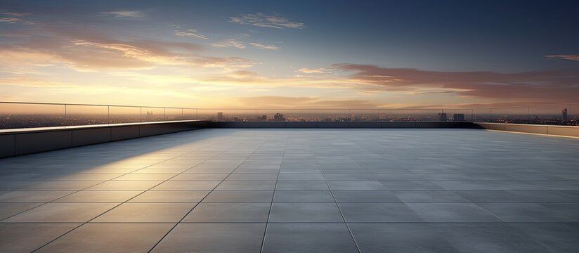 Modern building rooftop on an empty floor set against a picturesque evening sky offers a stunning copy space image