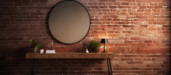 Hallway interior with a round mirror a table holding jewelry and decor all set against a brick wall including copy space image