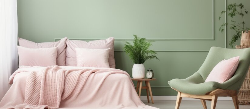 Cozy bedroom interior showcasing a white pillow on a pink armchair along with a blanket lying on a green mattress with a copyspace image