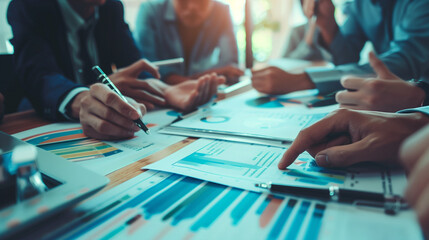 Obraz premium Collaborative Financial Forecasting: Business Team Engages in Focused Discussion