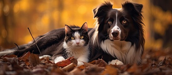 Australian Shepherd and a black cat surrounded by autumnal vibes in a nature setting with a dark and light color contrast perfect for a copy space image