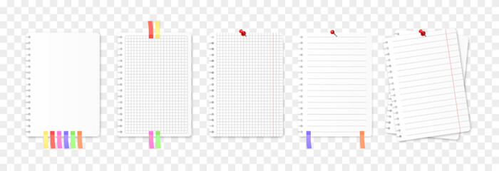 Vector set of notebook sheets png. Notebook sheets with a paper clip, push pin, adhesive sticker png.