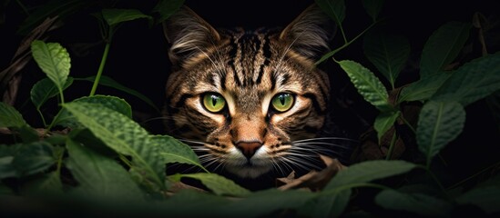 A dramatic image featuring a wild cat hiding in jungle foliage focusing on its intense captivating eyes suitable for themes like wildlife wilderness danger and power Ideal for a concept design with c