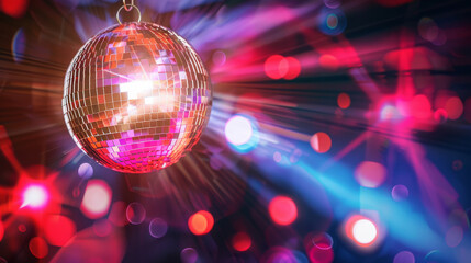 A disco ball spins, casting shimmering lights and vibrant colors across a vivid dance floor.