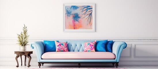 Living room with pink and blue patterned carpet and sofa against a white wall with a painting providing a vibrant atmosphere and copy space image