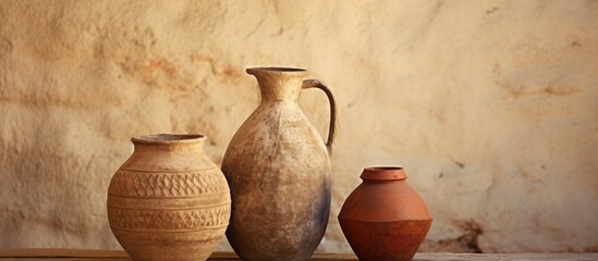 Antique ceramic vase and jug with rustic rural clay appearance suitable for a historical setting with copy space image