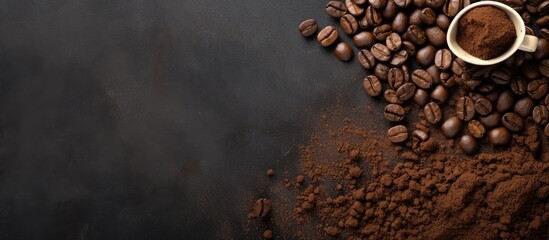 Top down view of coffee beans and ground powder on a stone backdrop with space for your text in the image. Copy space image. Place for adding text and design