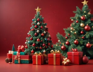 Banner with many gift boxes tied velvet ribbons and paper decorations on turquoise background. Christmas background.
