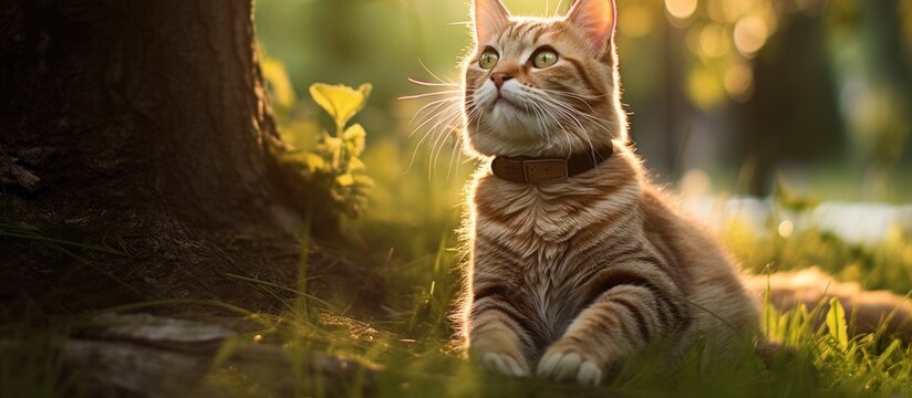 An injured cat sits in a park with one front leg raised captured in a close up copy space image showcasing its lower body - Powered by Adobe