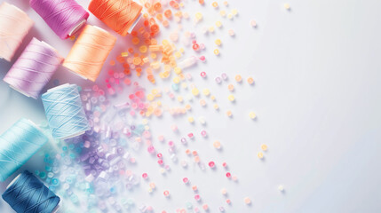 Colorful pastel spools of thread arranged with scattered beads on a light background, creating a whimsical and creative scene..