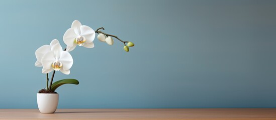 Fototapeta na wymiar A serene white orchid displayed in a yoga studio against a backdrop of a brown wall with a clear area suitable for adding text or graphics known as a copy space image