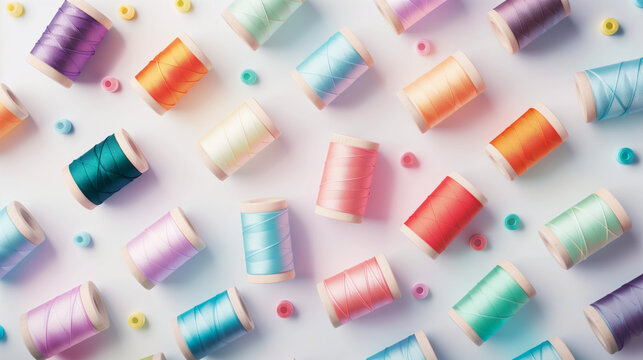 Colorful pastel spools of thread paired with matching ribbons, arranged on a light background for a creative, whimsical display.