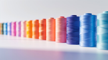 Rows of colorful thread spools arranged neatly on a light surface, illuminated by sunlight, highlighting vibrant hues and shadows..