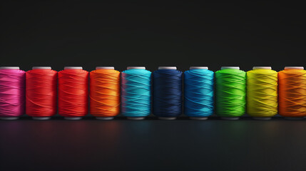 Vibrant spools of thread in a spectrum of colors neatly arranged against a dark background, highlighting their rich hues..