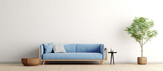 Simple living room with a blue sofa and wicker carpet against a white background with copy space image