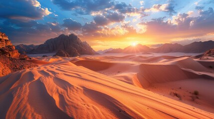 Fototapeta premium Sunset over Riyadh desert with mountain peaks and sand dunes