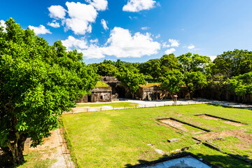 Building view of the Hobe Fort (Huwei Fort) in Tamsui District, New Taipei, Taiwan. The castle was built during the Qing Dynasty in China.