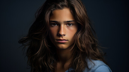Naklejka premium Happy cheerful young latino generation z. Smiling ethnic cool generation z teenage student, long hair, blue background.